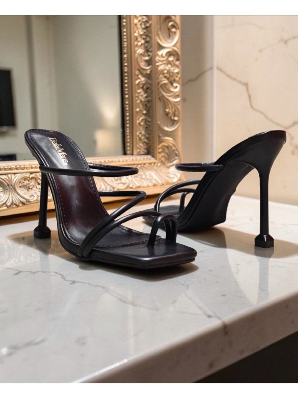 Strappy Black High Heel Sandals With Square Toe & Stiletto Design Bella Marie